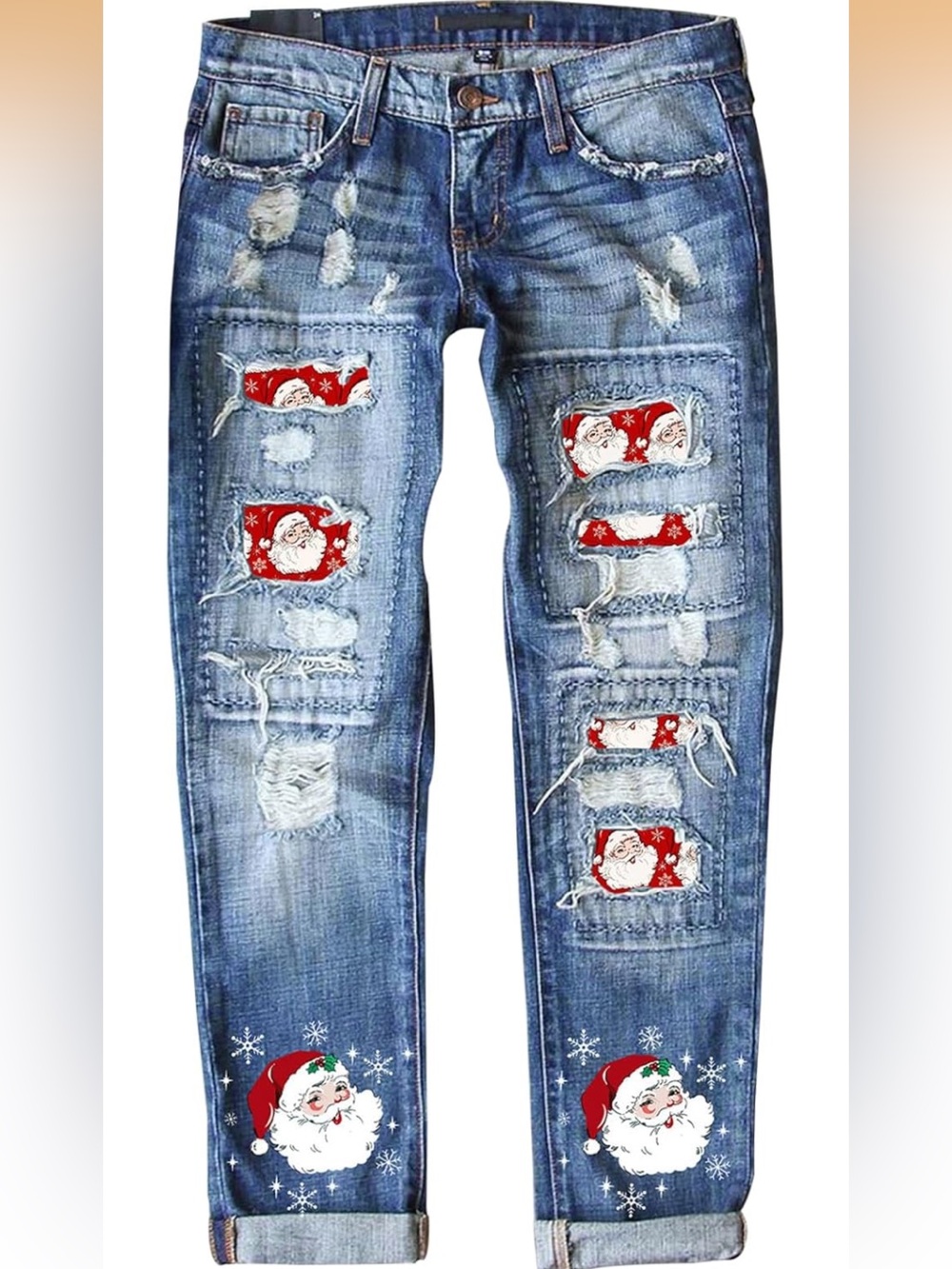 Distressed Blue Denim Jeans with Santa Patch Detail
